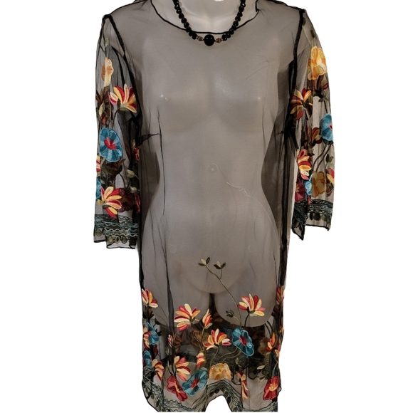 Floral Embroidered Sheer Dress Overlay or Swim Cover XS - Picture 4 of 7